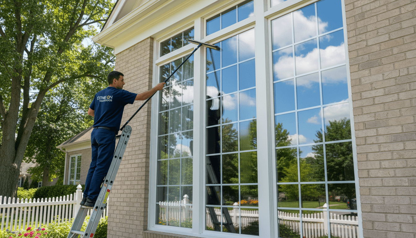 Professional window cleaner squeegeeing a large residential window with a streak-free finish on a sunny day